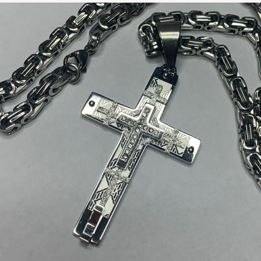 Silver Stainless Steel CZ Cross 24 inch chain